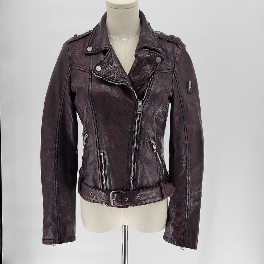 Mauritius Wild lamb leather biker distressed mahogany jacket XS NWOT